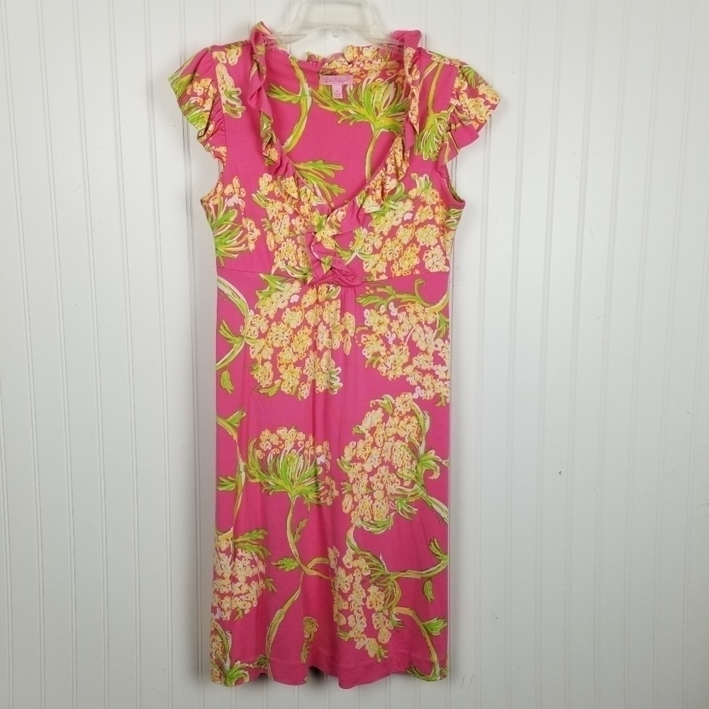 Lilly Pulitzer Ruffle Dress Floral Silk Blend Midi Flutter Sleeve Stretch V neck - Picture 10 of 10